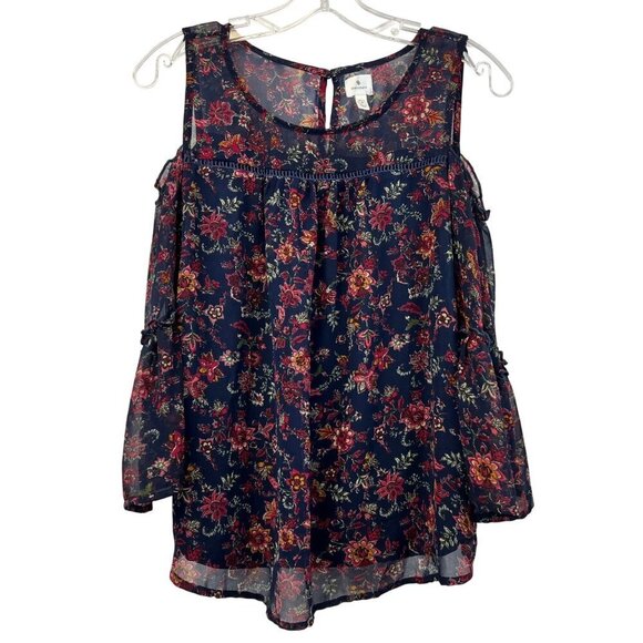 dressbarn Tops - Dressbarn Women’s Cold Shoulder Floral Peasant Top Navy/Multi Size Small Petite